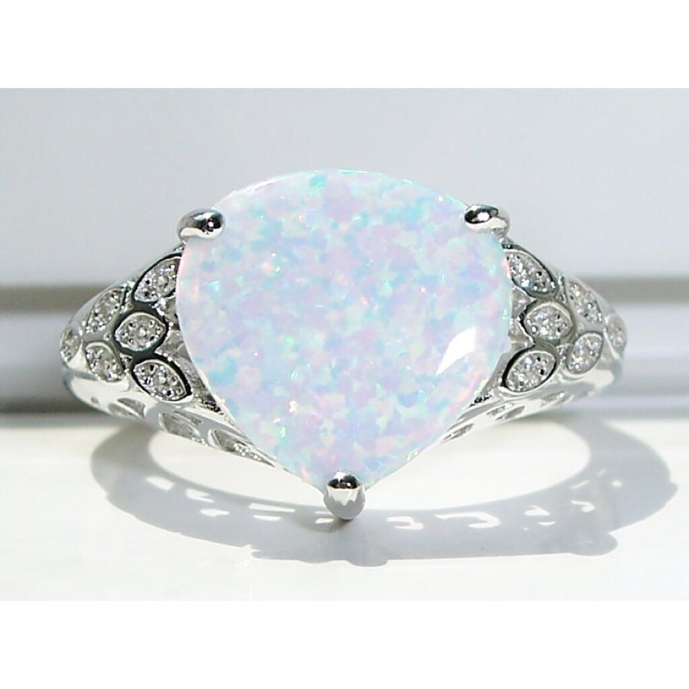925 STERLING SILVER Lab Created White Fire Opal & CZ Ring - Picture 2 of 16